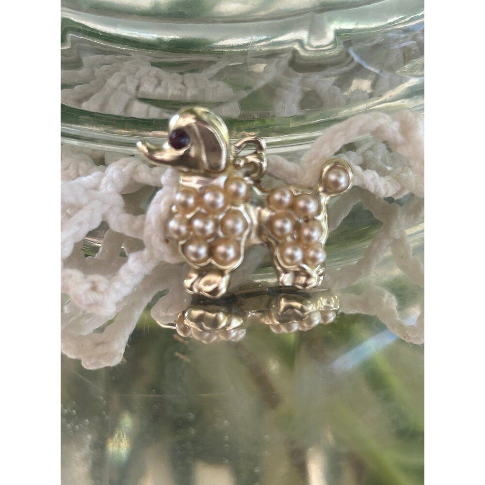 Vintage faux pearl and ruby poodle pin